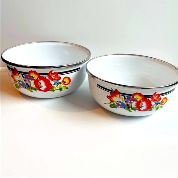 Vintage 1980s GMI Enamelware Nesting Bowl Set Floral MCM Tin Retro Dish Set 80s - Picture 2 of 8